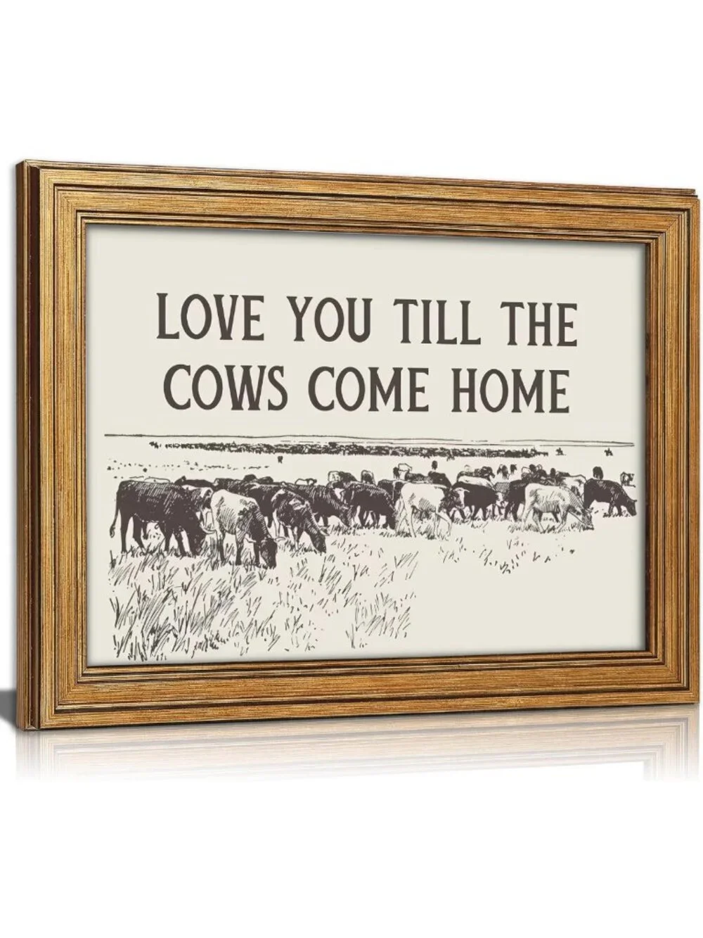 Vintage Gold Framed Cow Wall Art - Rustic Western Landscape Canvas Decor 9x11